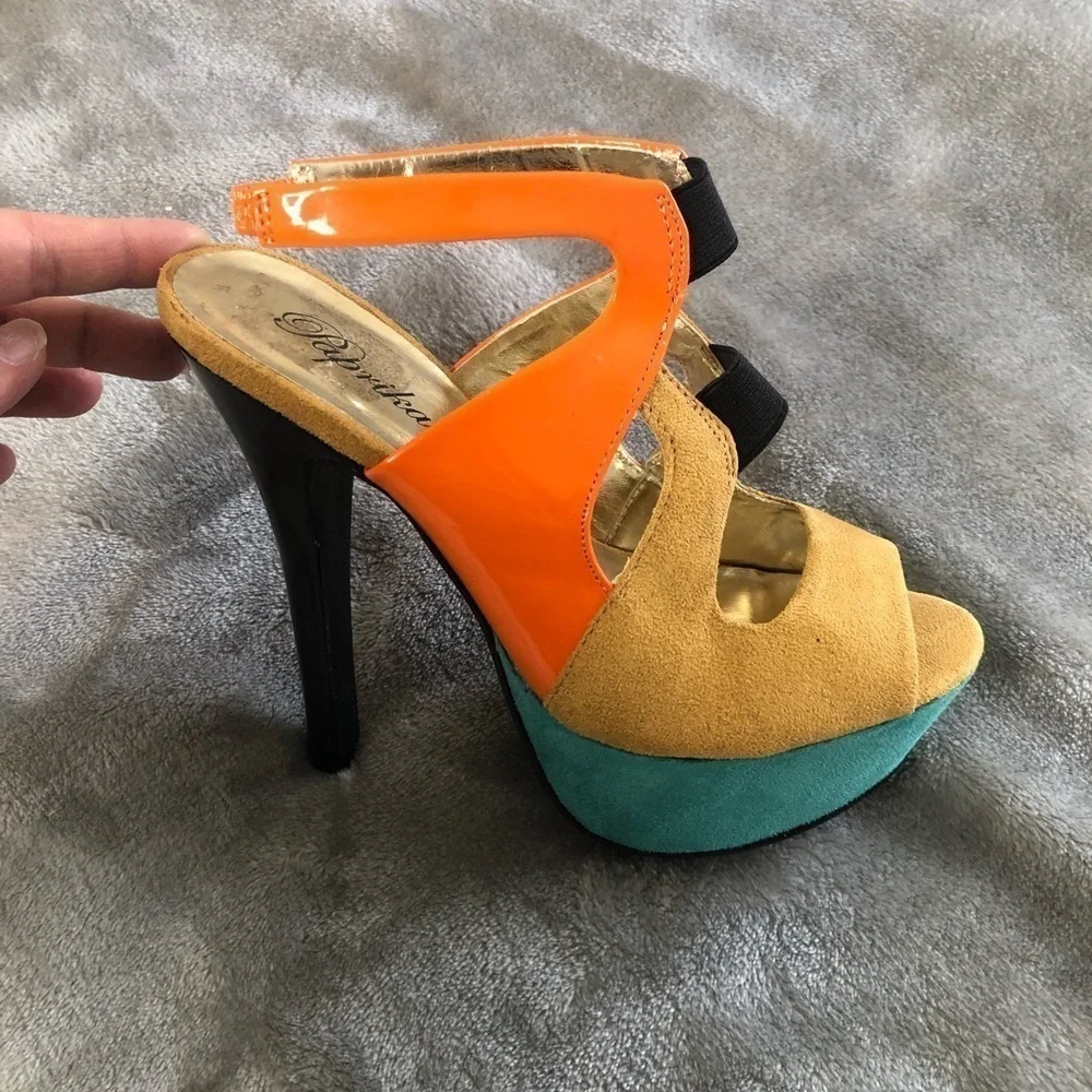 Paprika color block ankle sling back heel ankle heels orange tan+ mint green 5.5